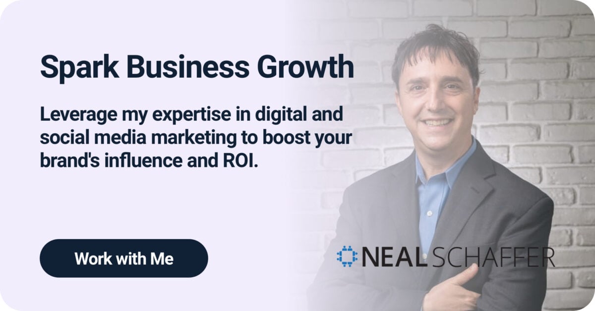 Professional marketing consultant banner featuring Neal Schaffer in business attire against a white brick wall background. Text reads 'Spark Business Growth' with subtitle 'Leverage my expertise in digital and social media marketing to boost your brand's influence and ROI.' Includes a 'Work with Me' call-to-action button and Neal Schaffer logo.