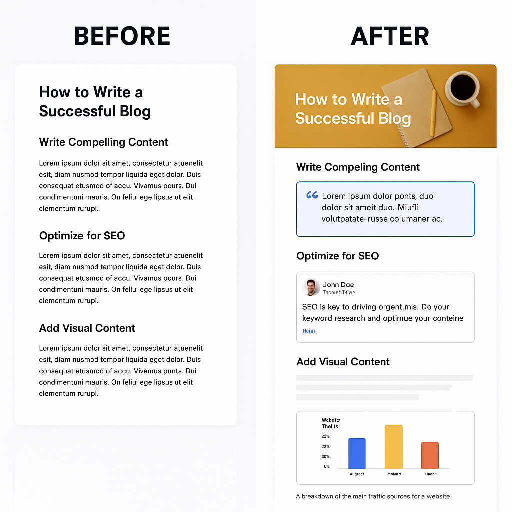 The before and after of using visual images to enhance your blog post.