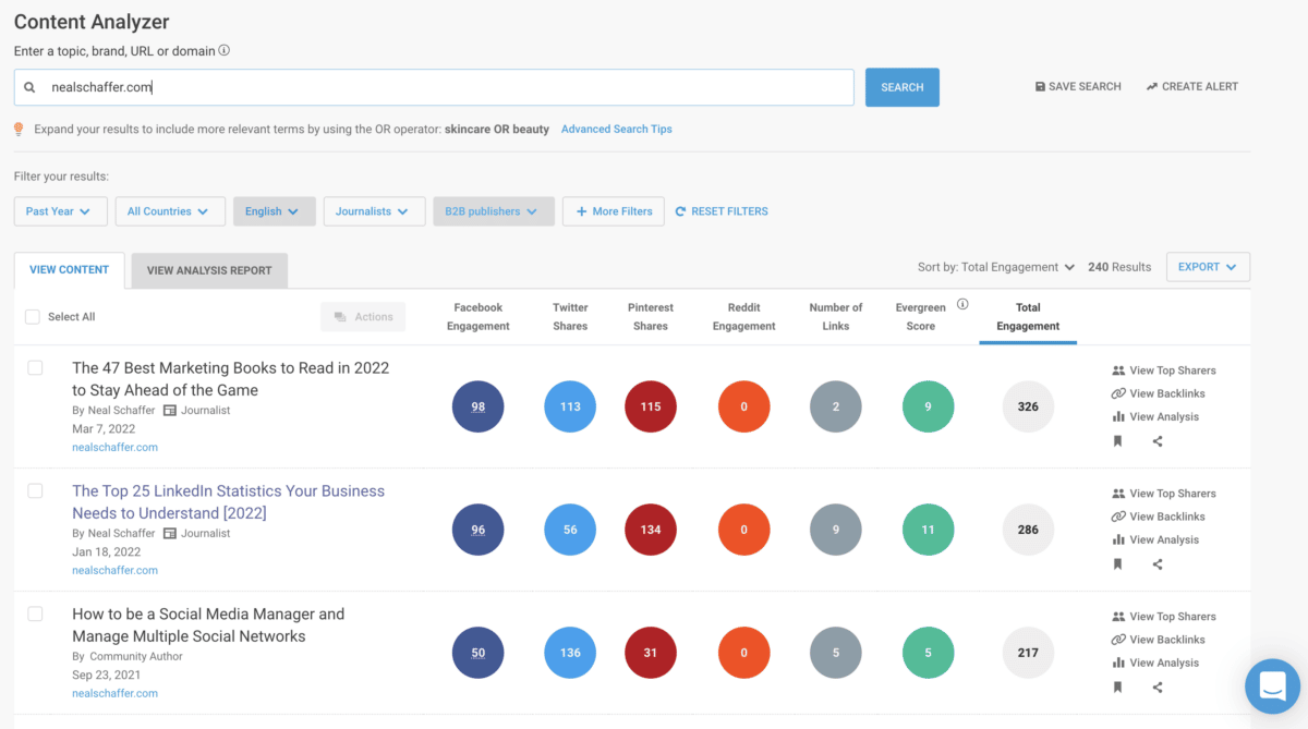 buzzsumo domain search for nealschaffer.com popular content shared on social media