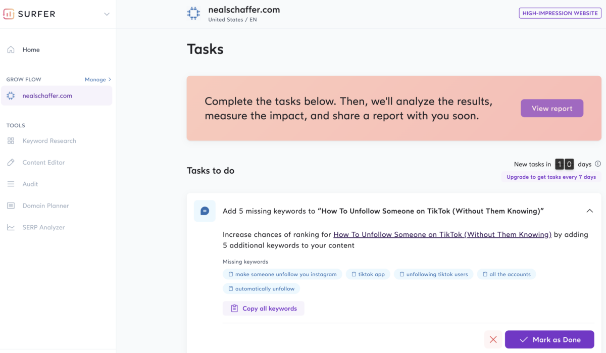 Surfer SEO Tasks
