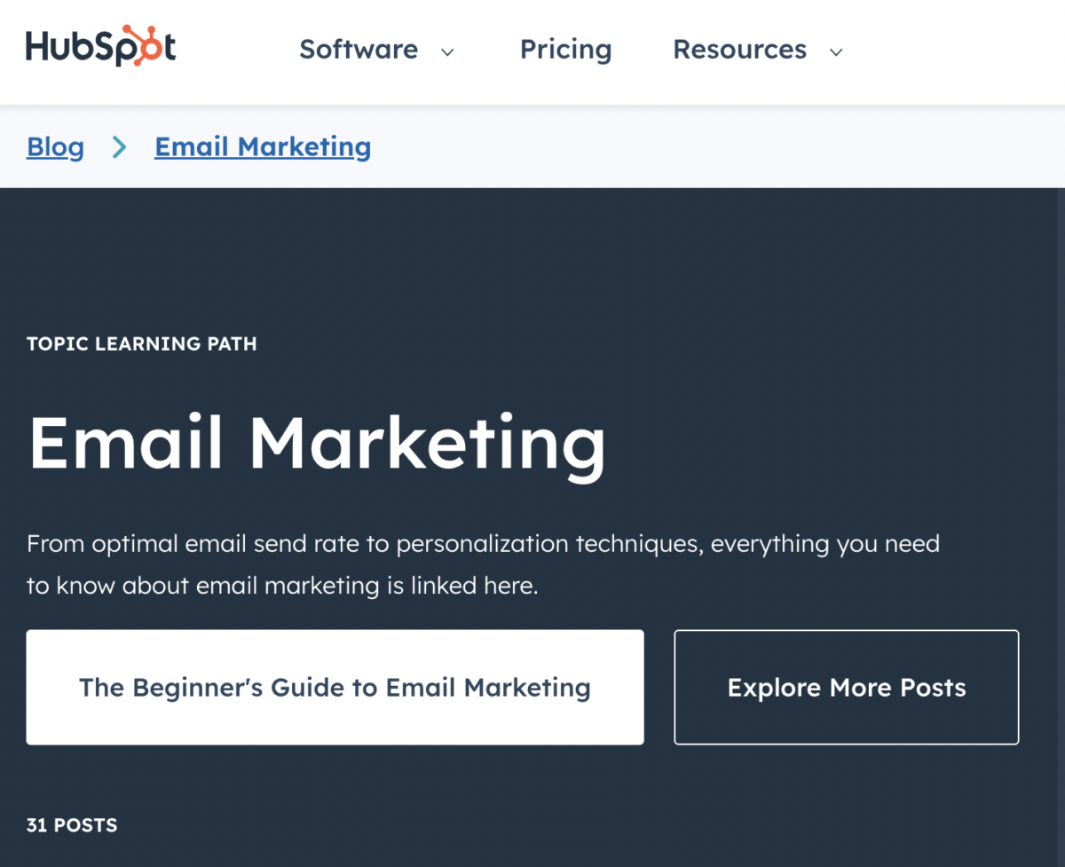 Hubspot central hub page on email marketing
