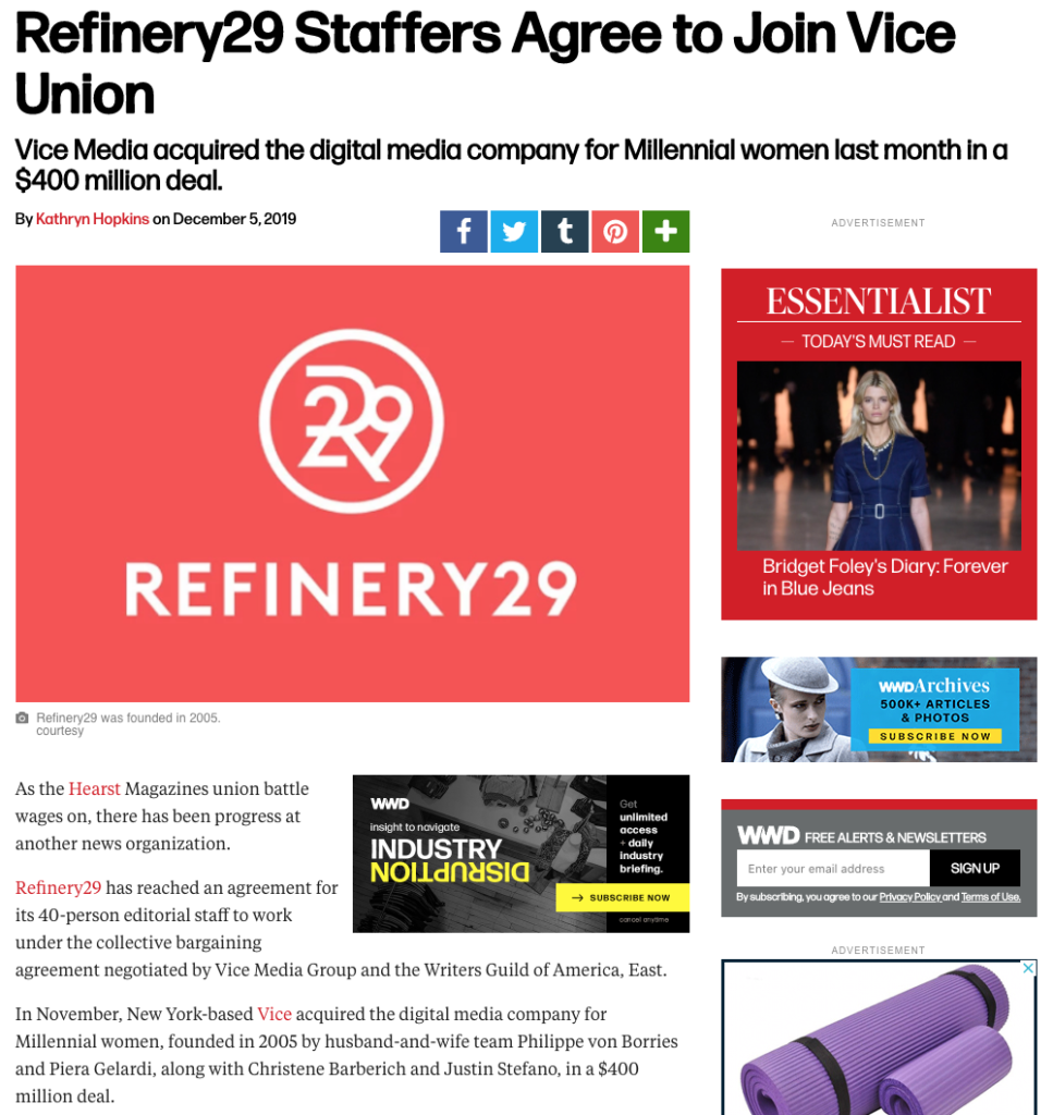 Refinery29 union joins VICE union after being purchased by the company in November