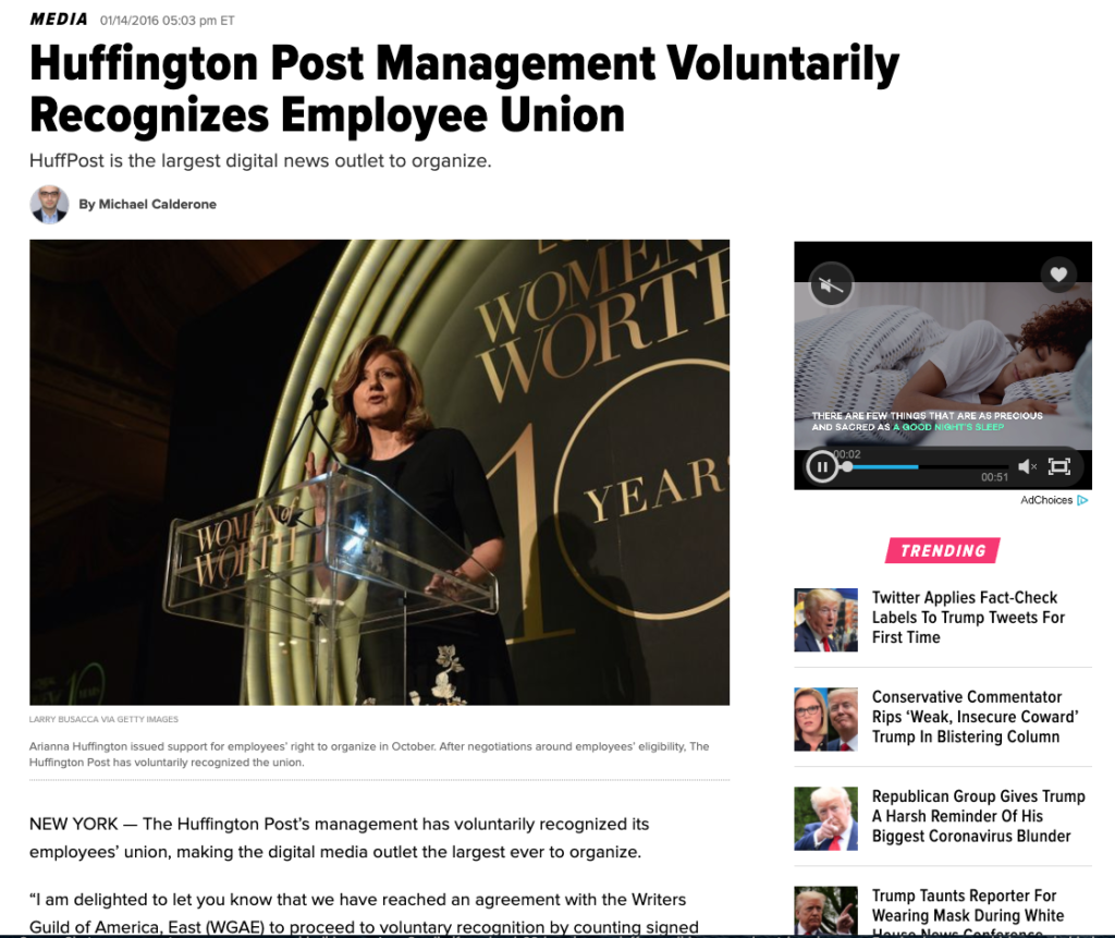 HuffPost Union wins recognition